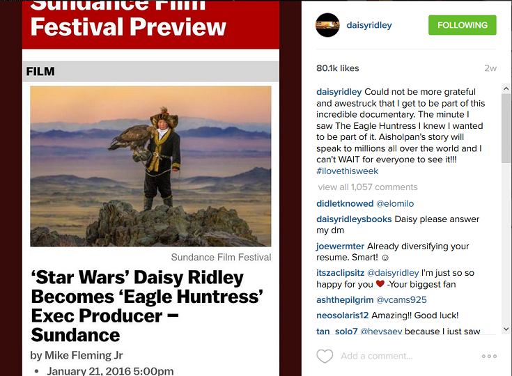 Daisy Ridley Eagle Huntress Instagram