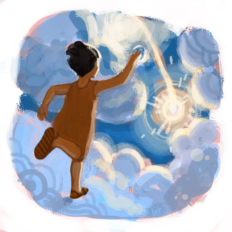 "Sometimes Arya would bounce upon the clouds that sailed across the skies at high noon chasing after a ray of light with her mirror." Illustrations by Shane Talbott. Copyright Priya Chhaya.