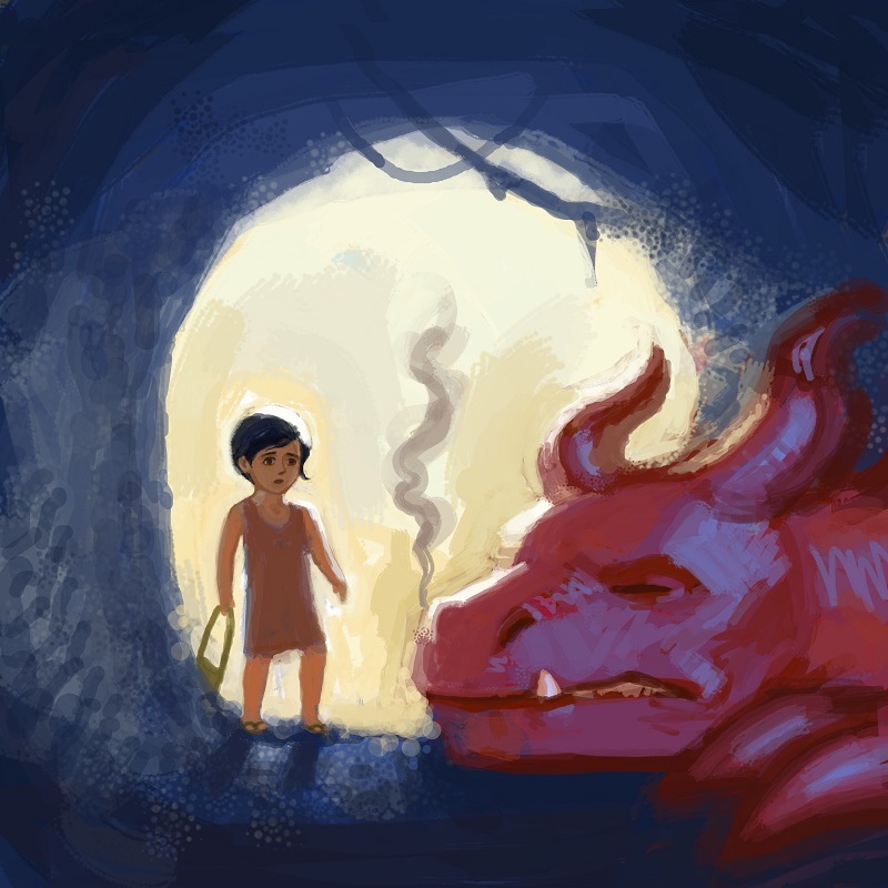 "There, right in front of her, lay a slumbering dragon." (Illustrations by Shane Talbott. Copyright Priya Chhaya.)