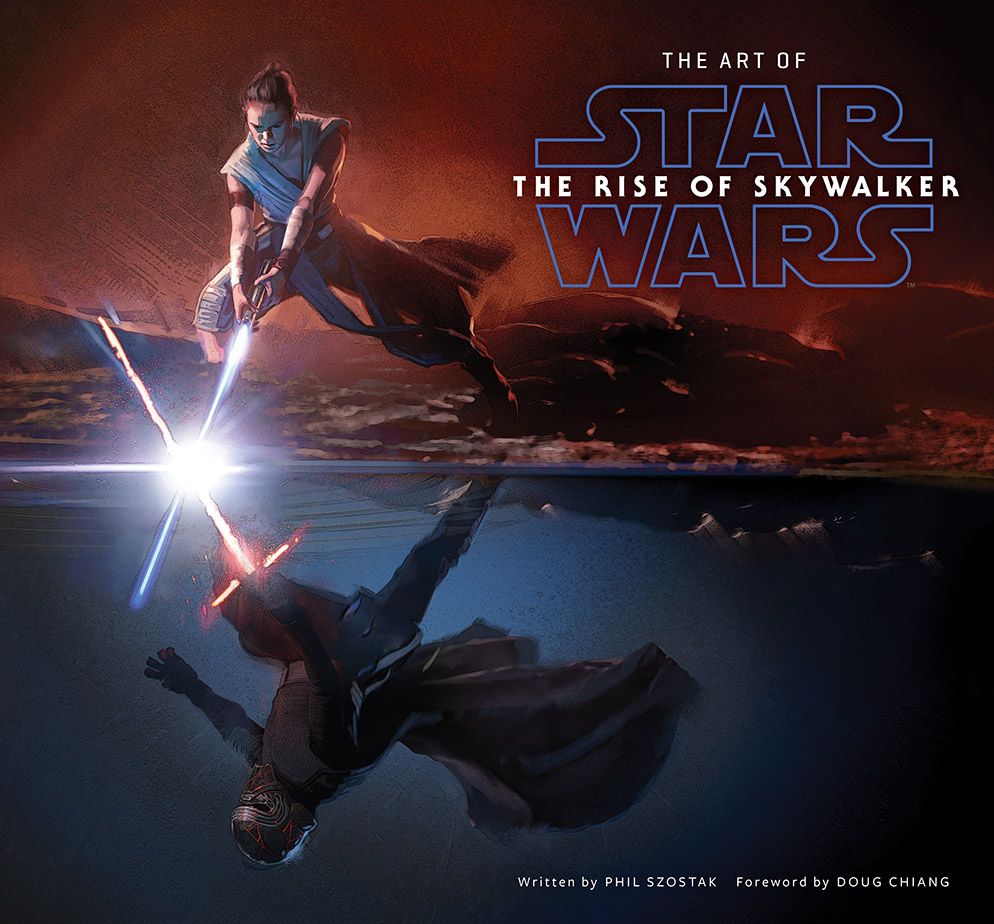 The Art of The Rise of Skywalker Cover depicting Rey and Kylo crossing lightsabers through parallel spaces.