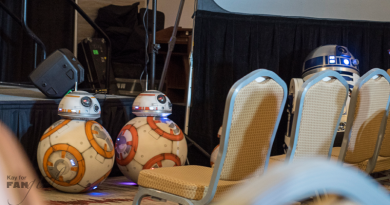 Fan-built BB-8s awaiting a panel at Dragon Con 2019