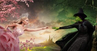 Glinda and Elphaba reach for each other (promotional image for Wicked Part 1)