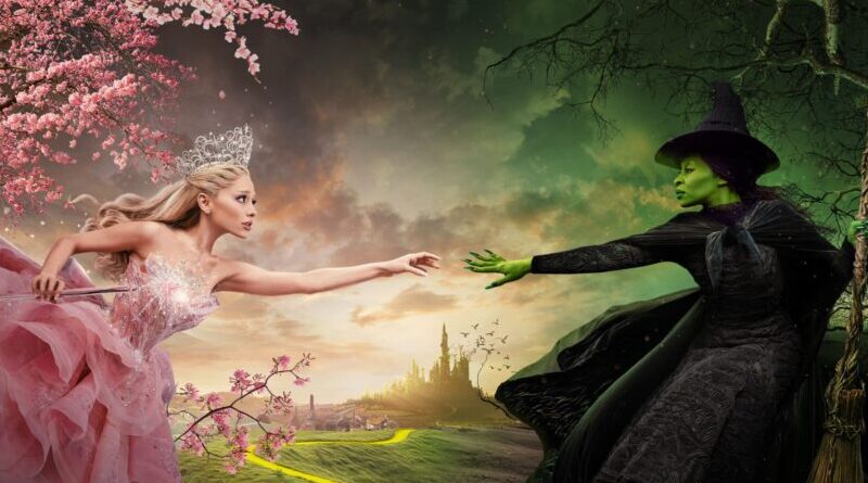 Glinda and Elphaba reach for each other (promotional image for Wicked Part 1)